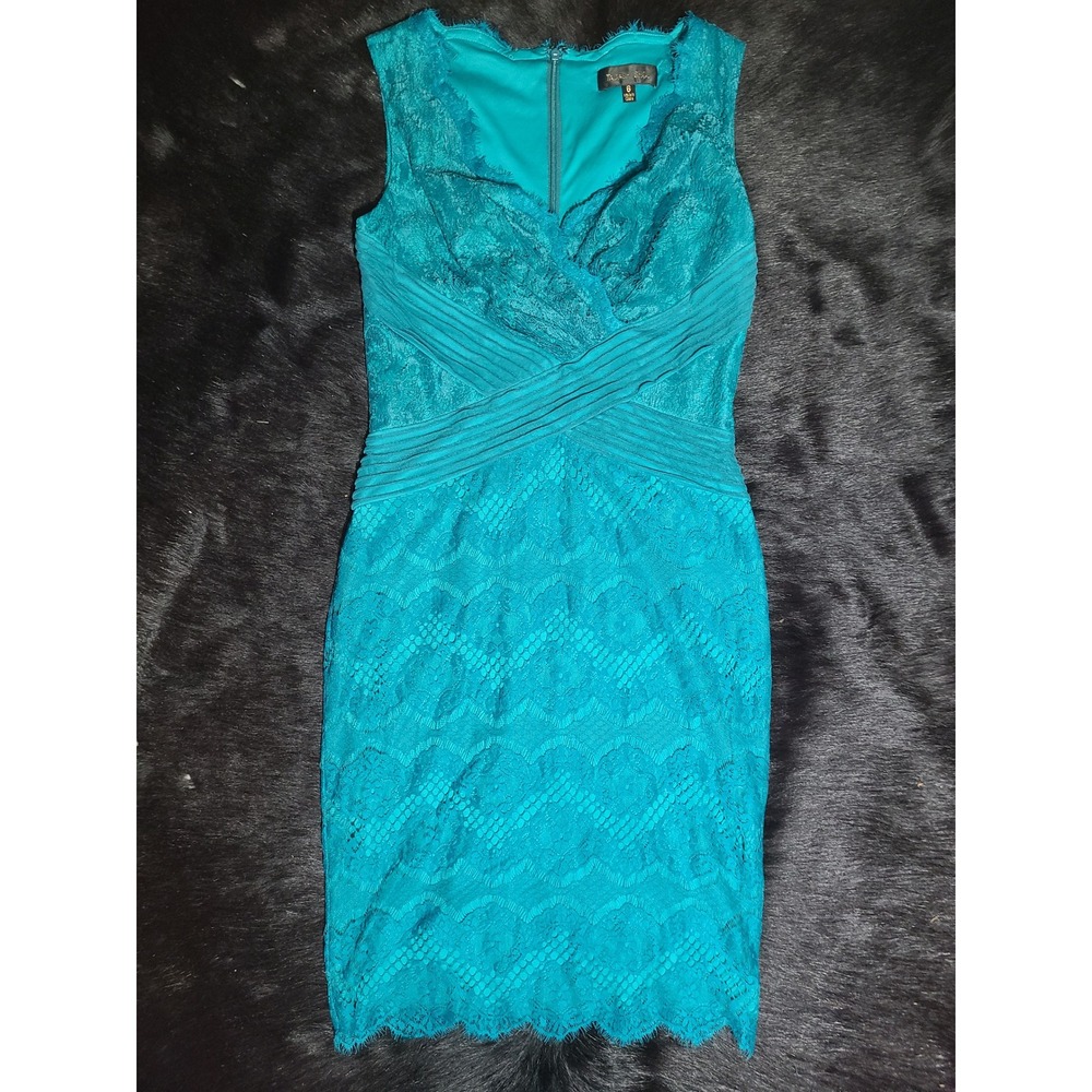 Tadashi Shoji Lace Sheath Dress Womens 6 Teal Excellent Pintuck V-Neck Cocktail